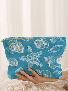 1pc Portable Cosmetic Storage Bag With Ocean Elements Shell Conch Starfish Pattern Double-Sided Print Travel Zipper Makeup Bag Multi-Function Toiletries Organizer - Multicolor - View 1
