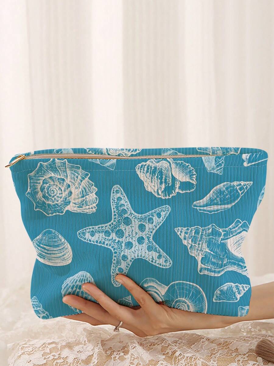 1pc Portable Cosmetic Storage Bag With Ocean Elements Shell Conch Starfish Pattern Double-Sided Print Travel Zipper Makeup Bag Multi-Function Toiletries Organizer - Multicolor - View 1