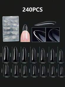 240pcs Transparent Natural Carved Pointed/Coffin/Almond/Square Full Cover Fake Nails, Women Girls Home Use Nail Salon Extension DIY Nail Art Supplies - Clear - View 9
