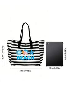1/2 pièces/set Sac fourre-tout rayé & Sac de maquillage, motif imprimé "Plage", convient pour les vacances, les voyages, les trajets, les achats, cadeau pour la famille et les amis - Multicolore - Voir 7