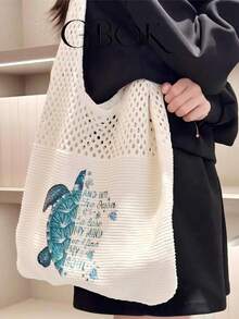 Women's Woven Tote Bag, Sea Turtle & Shell Print - Large Capacity Beach Travel Bag, Durable Polyester Open Design, Suitable For Summer, Beach Trips And Shopping - White With Blue Accents, Beach Handbag, Exquisite Woven Pattern, Summer Accessory, Sturdy Construction, Perfect For Vacation - Multicolor - View 8