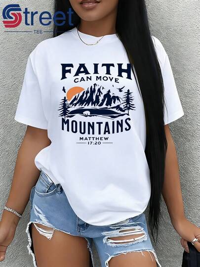 Camiseta de Mujer Nueva 2026 con Estampado de Montaña y Escritura Bíblica "Moviendo Montañas" (Mateo 17:20). Diseño Holgado de Manga Corta, Estilo Simple,100% algodón puro