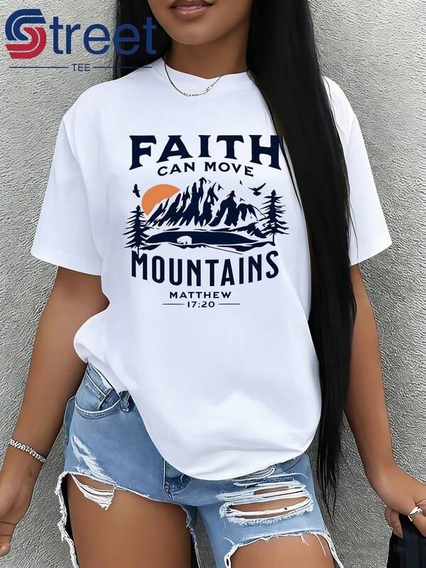 Camiseta de Mujer Nueva 2026 con Estampado de Montaña y Escritura Bíblica "Moviendo Montañas" (Mateo 17:20). Diseño Holgado de Manga Corta, Estilo Simple,100% algodón puro