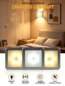 3件/1件 LED 感應夜燈，智能 PIR 感應櫥櫃壁燈，簡易安裝，15秒自動關燈，暖光與冷光可選，電池供電無線方形感應燈，適用於浴室、臥室、走廊、樓梯、櫥櫃 - 方塊感應燈 - 查看 1