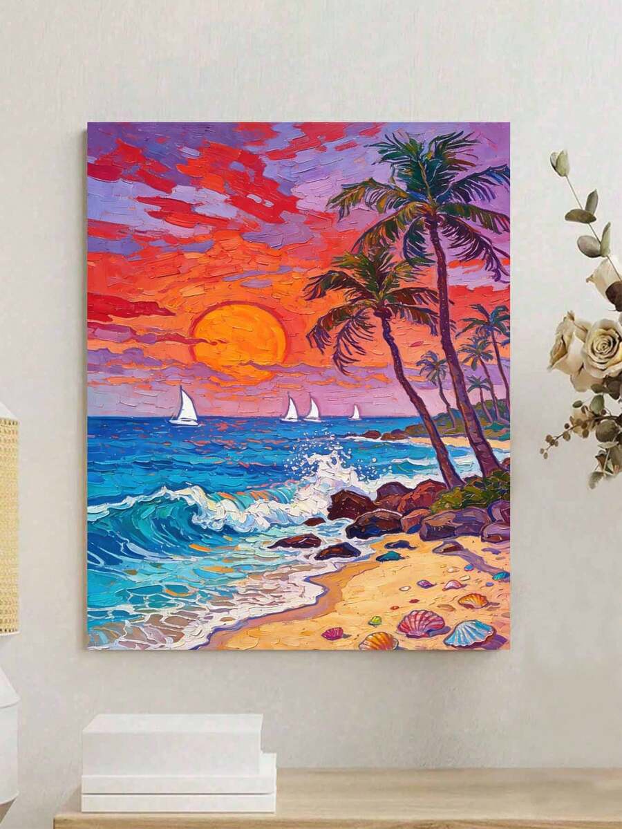 日落海灘棕櫚樹 DIY數字油畫畫布手工藝 成人居家裝飾 8x12/16x20英吋 節日禮物 - 套裝 - 查看 1