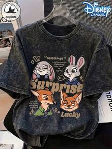 Start 棉質夏季女款 Disney《動物方舟》Judy Hopps & Nick Wilde 圖案印花街頭風 Y2K 復古黑色大尺碼水洗圓領休閒上衣 - 黑色 - 查看 2