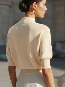 Women's Crew Neck Solid Color Off-Shoulder Short Sleeve Loose Casual Knit Top, Minimalist Elegant French Style, Fashionable Versatile Essential For Daily, Commute And Vacation Outfits Summer - Champagne - View 3