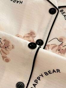 Women's Cute "Happy Bear" Print Pajama Set, Long Sleeve Long Pants 2 Pieces Loungewear, With Black Contrast Trim And 4-Button Front - White - View 7
