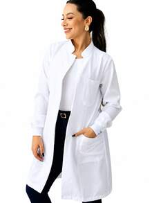 Jaleco Feminino Oxford Branco, Botão Embutido, Gola Padre, Elástico Punho, Acinturado, Manga Longa - Oxford - Branco - Visão 9