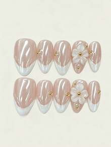 10pcs Handmade Short Almond Shape Press-On Nails, Pink Glitter Cat Eye Base, White Wavy French Tips, 3D White Flowers, Gold Beads & Pearl Decor, Gentle Elegant Reusable Fake Nails, Includes Full Set Of Manicure Tools - Multicolor - View 3