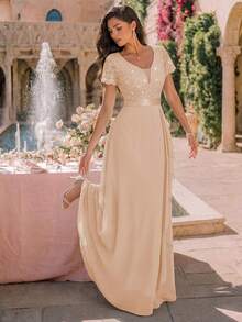 MIUSOL Vestido Longo Formal de Festa com Decote V Profundo, Lantejoulas, Renda, Babados e Chiffon, Vestido de Noite Formal para Casamento no Outono - Champanhe - Visão 6