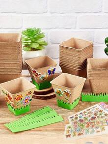 1 Set 16pcs DIY Garden Paper Flower Pot Kit, Includes 10 Paper Flower Pots, 4 Foam Stickers, 2 Fence Stickers, Rectangular Planting Kit, Paintable Blank Garden Paper Pots, Suitable For Planting Activities Bulk Craft Kit, Indoor Flower Pots - Mixed - View 5