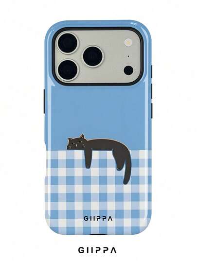 1-piece lavender-colored plaid patchwork casual cat pattern phone case, suitable for  17 Pro Max, compatible with  16 Pro Max, 15 Pro Max, 14 Pro Max, Korean fashion fun phone case, compatible with 11/12/13/14/15/16 Pro Max Plus, unisex elegant design, choose for Christmas, Valentine's Day, Easter, wedding season, and girlfriend's birthday