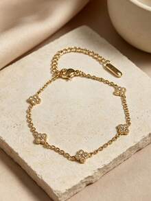 1pc Gold Four-Leaf Clover Bracelet, Geometric Crystal Inlaid Adjustable Chain, Fade-Resistant Stainless Steel Women's Jewelry - Golden  Bracelet - View 4