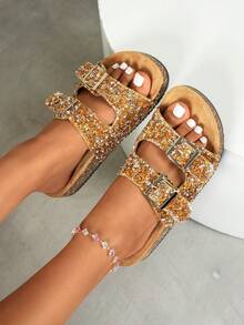 Women's Rhinestone Cork Thick Sole Double Buckle Slippers - Gold - View 3