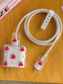 5件組可愛紅色櫻桃設計手機充電器保護套組，適用 20W/18W 充電器，含充電線保護套與充電頭保護套，防塵防摔，可愛女孩風，完美節日禮物 - 紅色 - 查看 4