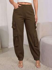 ANCHOSE Women's Early Autumn Chocolate Brown Tapered Leg Pants, Casual Street Style For Daily Commute And Weekend Wear - Brown - View 2