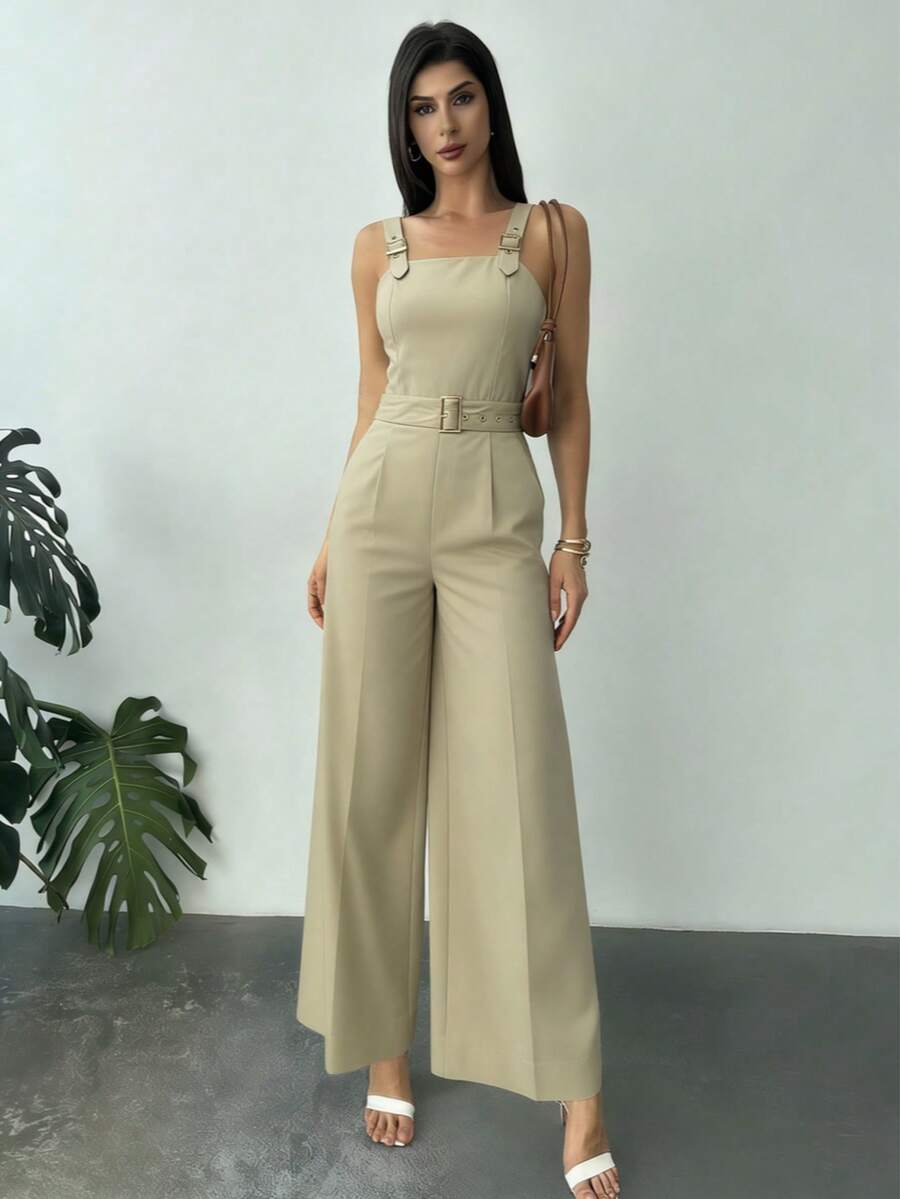 Women's Wide Leg Jumpsuit With Adjustable Straps - Adjustable Shoulder Straps, Ruched Back Design - Apricot - View 1