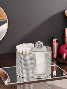 2-In-1 Rhinestone Plastic Storage Box, Desktop Makeup Organizer With Dual Round Compartments, Transparent Cosmetic Storage Box With Double Grid Design - Modern Vanity Storage Box With Lid, Bathroom Sink Organizer, Suitable For Makeup Brushes, Lipsticks, Beauty Tools - Multicolor - View 2