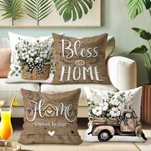 4PCS Country-Style Eucalyptus Throw Pillow Cover, Vintage Truck Buffalo Check Bowknot With 'Bless Our Home, Cozy Home' Letter Print Square Pillow Cover, Neutral Farmhouse-Style Sofa Home Decor, Single-Sided Without Pillow Insert - Brown - View 4