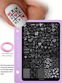 7Pcs Nail Stamping Plates Set With Pink Alloy Buckle, Stainless Steel Nail Art Template With Cherry Blossom Plaid Check Lace Mesh Heart Bow Music Note Pattern, Sweet Y2K Girly Nail Stamp Plate With Metal Rings For Salon DIY Manicure Accessories - Multicolor - View 12