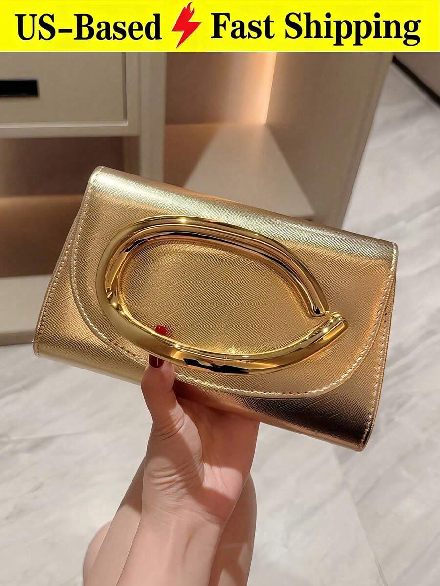 Solid Color Pearl Glossy Cloud Pleated Handbag For Women Elegant Gold Purse Evening Clutch Bag Summer Top Handle Shoulder Bag For Party Wedding - 金色 - 查看 1