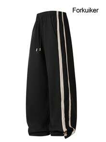 Men's Black Wide Leg Sweatpants With Contrast White Side Stripes, Elastic Drawstring Waist, Loose Casual Streetwear Style - Black - View 3