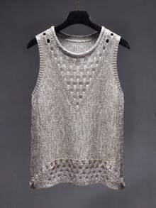 Fashionable Women's Hollow Out Sequin Sleeveless Tank Top, Versatile Spring/Summer Blouse - Silver - View 1