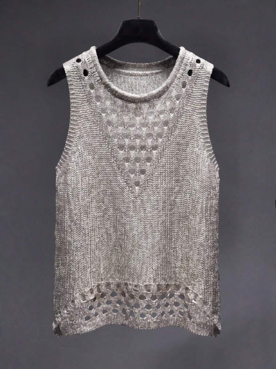 Fashionable Women's Hollow Out Sequin Sleeveless Tank Top, Versatile Spring/Summer Blouse - Silver - View 1