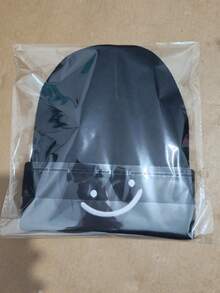 1件純色街頭風壓克力刺繡針織帽,四季通用笑臉刺繡針織保暖帽,羅紋羊毛鬆垮帽 - A - 查看 4
