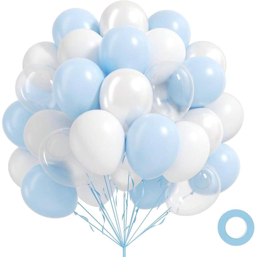 60pcs Blue And White Balloons Set,Clear Pearl White Light Blue Balloons For Bridal Shower Anniversary Graduation Wedding Birthday Party Decorations - Style 1 - View 1