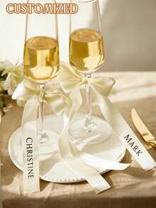 1pc Personalized Wedding Champagne Glass Decor, Vinyl Letter Ribbon, Customized Champagne Glass Ribbon, Ribbon Name Tag, Beverage Name Tag, Wedding Place Card, Customized Wedding Champagne Glass Bow - Multicolor - View 3