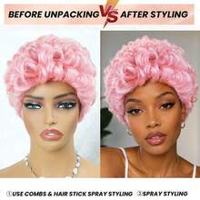 AMECIRE Pink Wig Pixie Cut Wig Human Hair Wigs Curly Wig Women's Short Hair Wig Fluffy Shape 4 Inches Elastic Mesh Cap Mechanical Manufacturing Suitable For Everyday Wear And Holidays - SPink - View 4