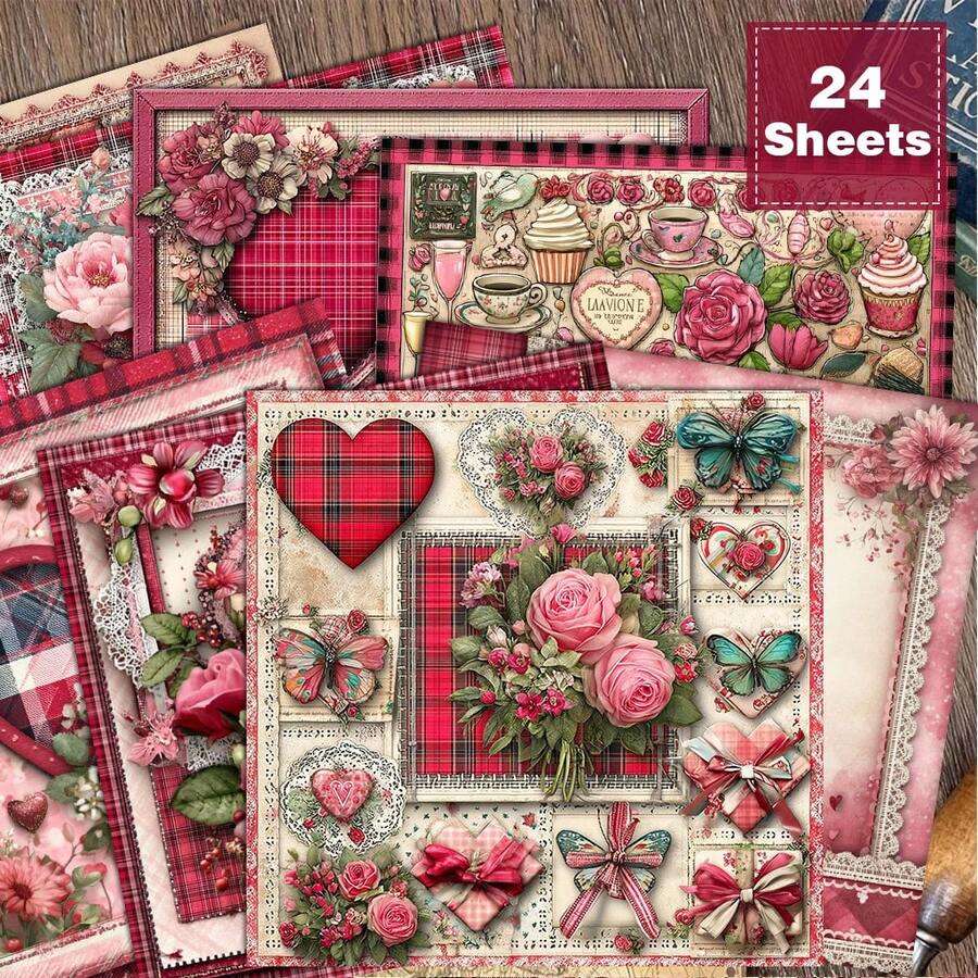 24 Sheets 6*6 Inch Vintage Heart Plaid Pattern, Distressed Paper Texture Scrapbooking Paper, Suitable For Collage, Handmade Origami Projects, Decorative Paper, DIY Paper, Handmade Scrapbook, Bullet Journal, Art Collage | Natural Elements - Square - View 1