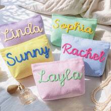 Custom Seersucker Makeup Bag & Travel Pouch - Personalized Chenille Name Toiletry Bag & Summer Beach Tote - 23red Color - View 6
