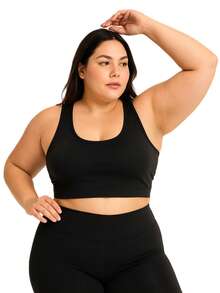 Top Academia Suplex Forrado Sem Bojo Cropped Sutiã Esportivo Alta Sustentação Plus Size Preto Preta - Preta - Visão 4