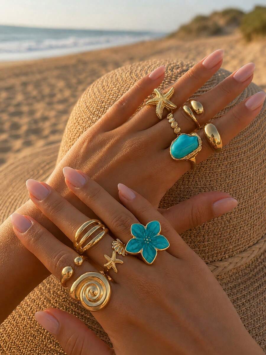 10pcs/Set Bohemian Vacation Style Oil-Drip Flower & Starfish Rings, Stackable Rings, Suitable For Daily And Vacation Wear, Holiday Gift - Yellow Gold - View 1