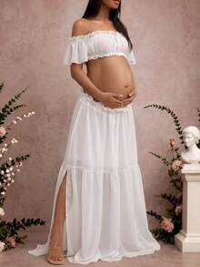 Maternity Strapless Ruffle Hem Dress, Chiffon Moderate Stretch Ruffle Detail Front Slit Ruffle Hem Maternity Photography Baby Shower Party Dress Fall - White - View 6