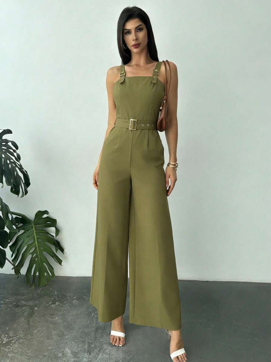 Women's Wide Leg Jumpsuit With Adjustable Straps - Adjustable Shoulder Straps, Ruched Back Design - Khaki - View 1