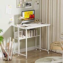 Folding Table With Wheels - Home Office Desk - 80x58x75cm - Folding Computer Desk With Bookshelf - Portable Mobile Workstation - Suitable For Small Spaces - White - View 4