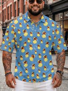 Camisa Polo de Talla Grande para Hombre con Estampado Divertido de Pato, Camisa Casual Holgada de Manga Corta, Top de Estilo Vacacional - Azul - Ver 3
