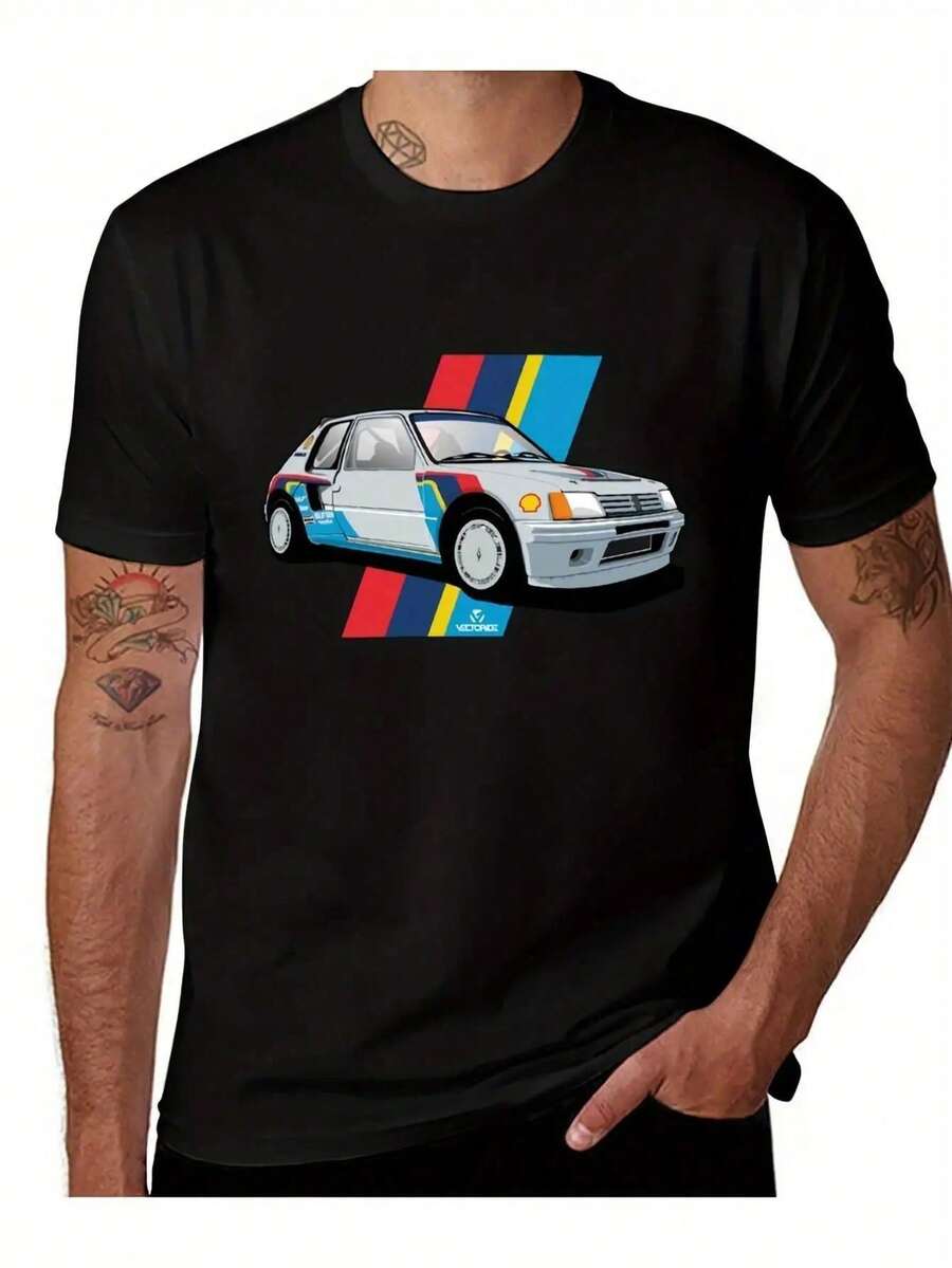 --Men's Retro 205 T16 Rally Shirt: Retro French Racing Design, Ideal For Rally Fans, Suitable For All Seasons, Classic 80s/90s Rally Design. - 黑色 - 查看 1