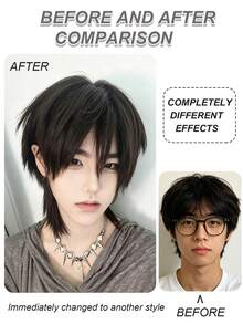 Wolf Tail Wig For Men, Japanese Style, Short Straight Hair, Layered Mullet Head Wig, Unisex, Versatile, Full Head Cover - Multicolor - View 7