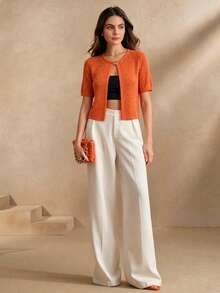 Maglietta a maniche corte da donna Elestia, collo tondo arancione, mezza chiusura lampo, bottoni in metallo con paillettes, stile casual minimalista adatta per resort, spiaggia e feste, primavera/estate - Arancia Bruciata - Visualizzare 1