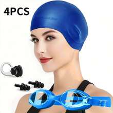 Babous Ensemble de 4 pièces de lunettes de natation pour femmes, lunettes d'équipement de natation, bonnet de natation en silicone imperméable, pince nasale de natation, bouchons d'oreilles de natation. Bonnet de natation surdimensionné, bonnet de natation avec protection des oreilles, convient aux cheveux longs et courts. - Multicolore - Voir 9