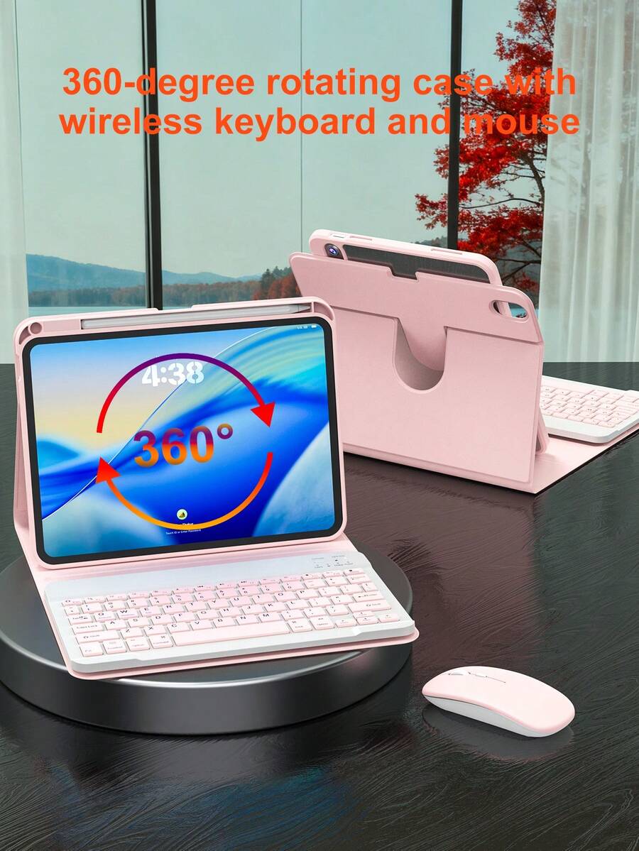 Set Keyboard dan Mouse Putar 360°, Kompatibel dengan iPad A16 Generasi ke-11/10/9/8/7/6/5, Air 10.9/11/10.5/9.7 Inci dan Pro 11 (1/2/3/4), Slot Pena Terintegrasi, Keyboard Nirkabel yang Dapat Dilepas (Baterai 150mAh), Casing Pelindung Kulit PU - Merah Muda