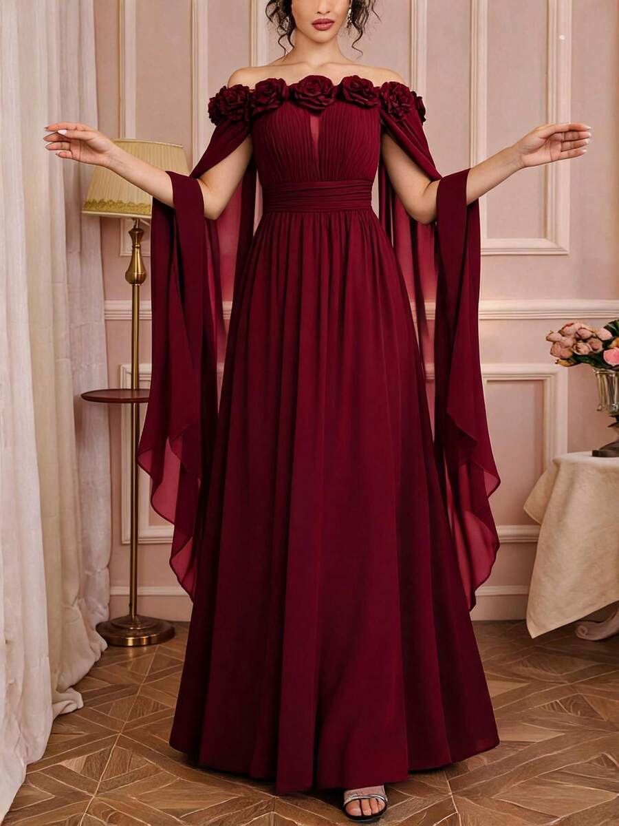 Solessence Vestido de gasa elegante con hombros descubiertos, mangas anchas y sueltas, cintura plisada y decoración floral para boda de primavera