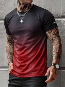 1pc Men's Ombre Color Breathable Elastic Sports Short Sleeve T-Shirt, Suitable For Running, Training, Fitness In Spring/Summer - Red - View 2