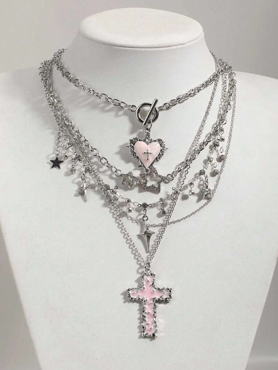 4pcs Vintage Gothic Layered Thorn Rose Cross Heart Pendant Cross Rhinestone Star Necklace Women Choker Neck Chain Sweet Cool Hot Girl Collarbone Chain Niche Accessory Rhinestone Star Four-Pointed Star Sparkling Diamond Atmosphere Water Drop Collarbone Chain Sweet Cool Neck Chain New Y2K Cross Women Necklace Set - Pink - View 1