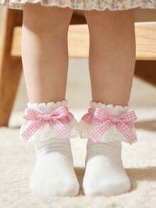 1 par de calcetines de fiesta versátiles para niños con volantes, lazo y decoración de encaje de algodón a cuadros - Multicolor - Ver 12